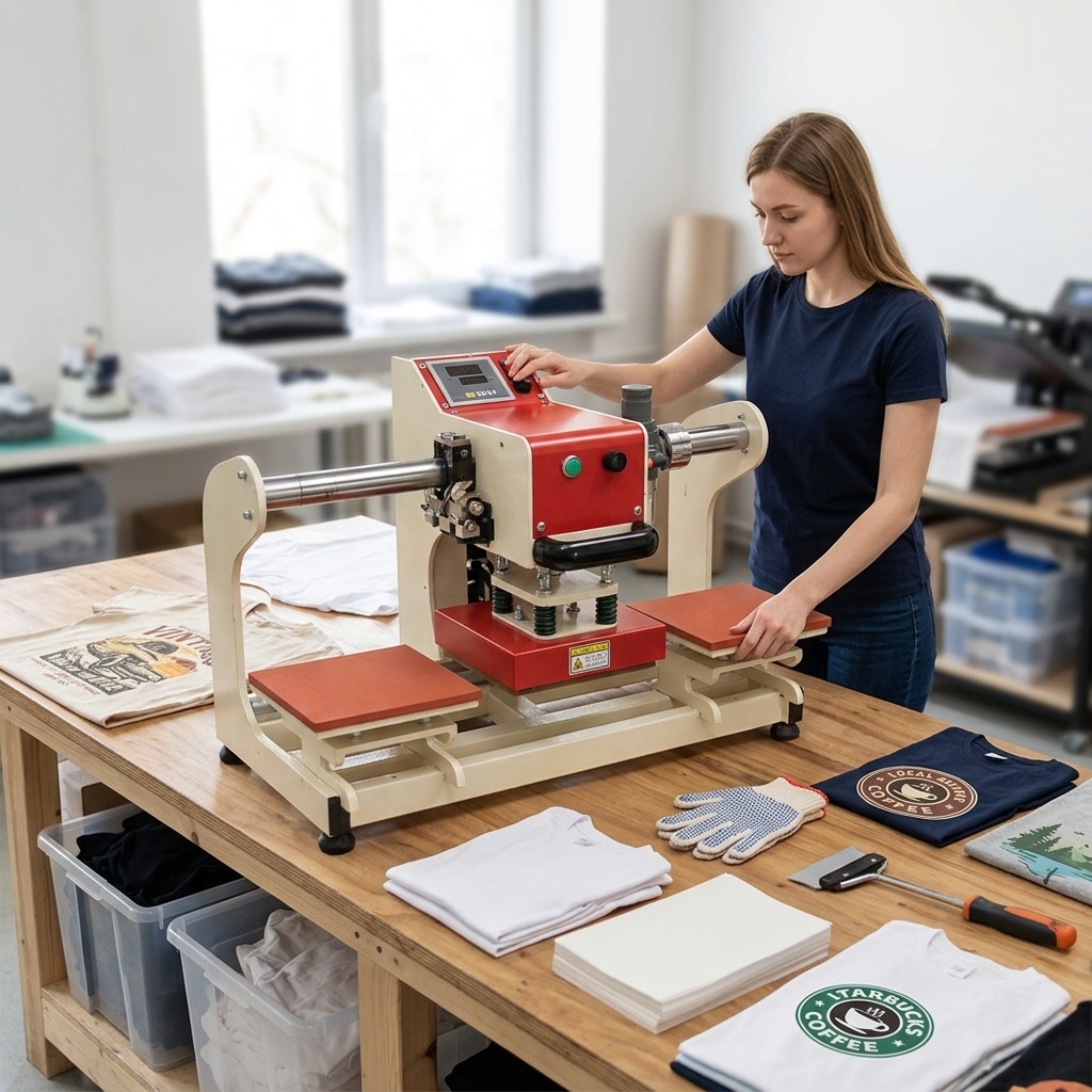 Leatherwork Hand Press - เครื่องรีดร้อนแบบสองสถานี ระบบลมอัดอัตโนมัติ ทำงานต่อเนื่องได้ สำหรับพิมพ์โลโก้บนเสื้อยืด แบรนด์ และหนัง