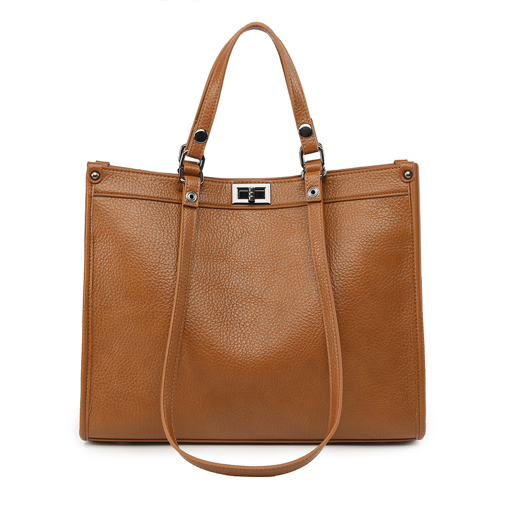 Leather Work Bag Women - กระเป๋าถือผู้หญิงขนาดใหญ่ หนัง PU พร้อมตัวล็อคหมุน กระเป๋าสะพายไหล่สไตล์วินเทจสำหรับสุภาพสตรี กระเป๋าทำงานหลายช่องใส่ของ