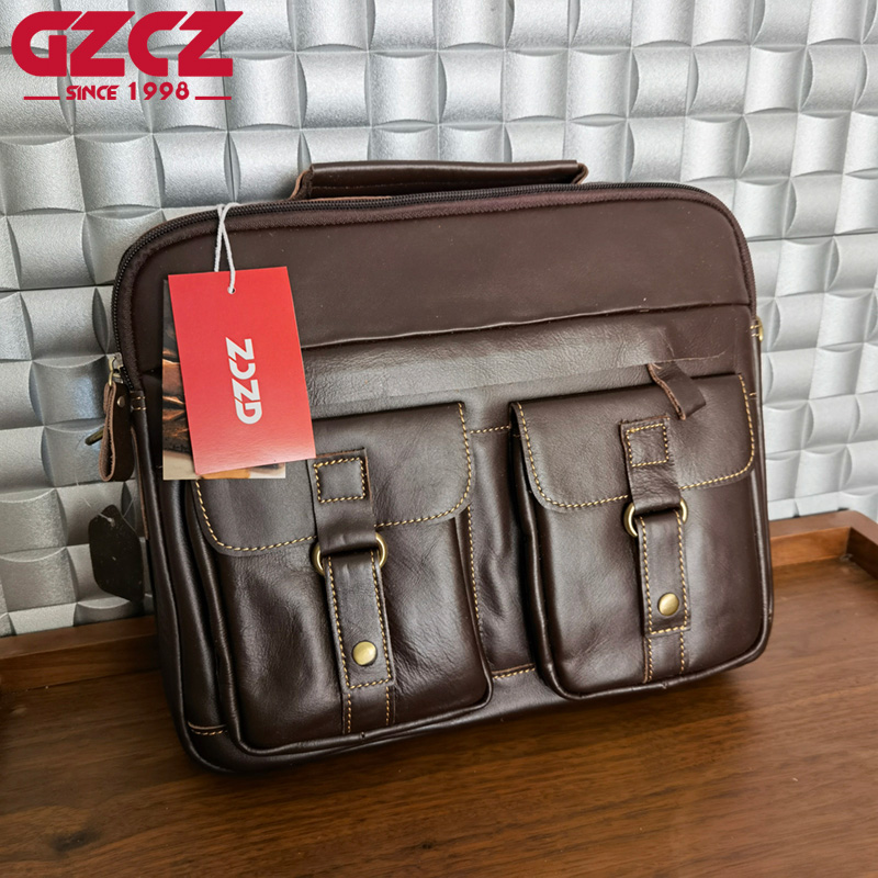 Leatherwork Bag - GZCZ กระเป๋าถือผู้ชาย กระเป๋าคอมพิวเตอร์สำหรับธุรกิจ หนังวัวชั้นบนสุด กระเป๋าเอกสารแนวนอน กระเป๋าสะพายสำหรับทำงาน