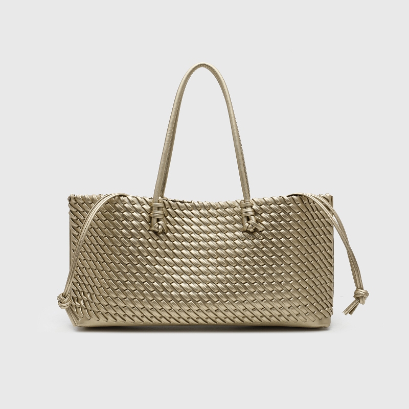 Leather Work Bag Women - กระเป๋าโท้ทหนัง PU ดีไซน์หรูหรา ทอแบบพิเศษ พร้อมหูหิ้วด้านบน สายสะพายยาว