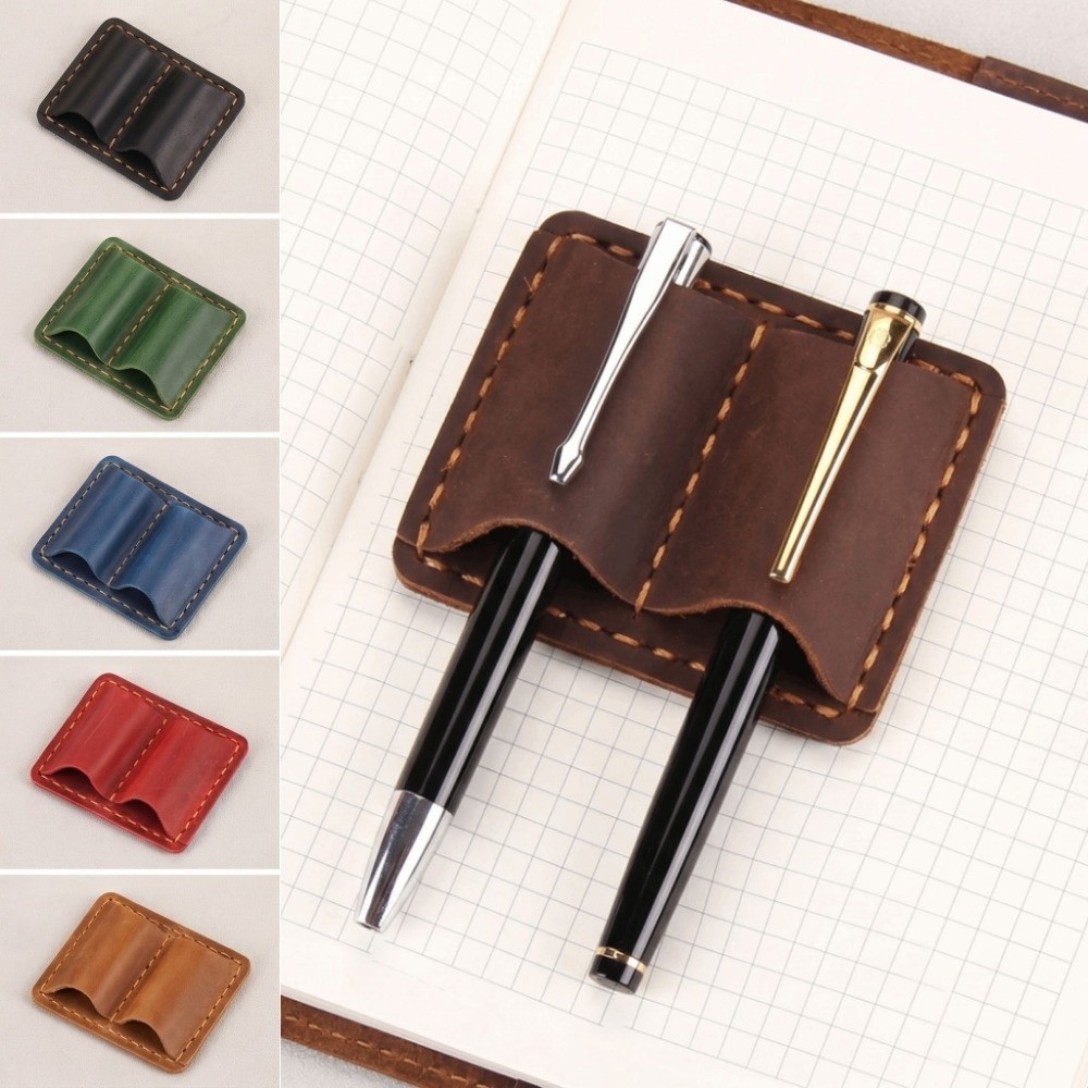 Leatherwork Books - ที่ใส่ปากกาหนังวินเทจแบบคู่ ดีไซน์หรูหรา ทำมือ สไตล์เรโทร พร้อมคลิปโลหะกันหลุด สำหรับใส่ปากกาในสมุดบันทึก