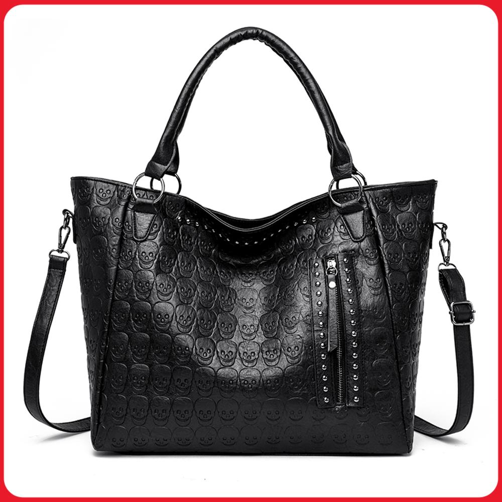 Leatherwork Bag - กระเป๋าสะพายข้างลายหัวกะโหลกสไตล์พังก์ หนัง PU ประดับหมุด กระเป๋าถือแฟชั่น ความจุเยอะ