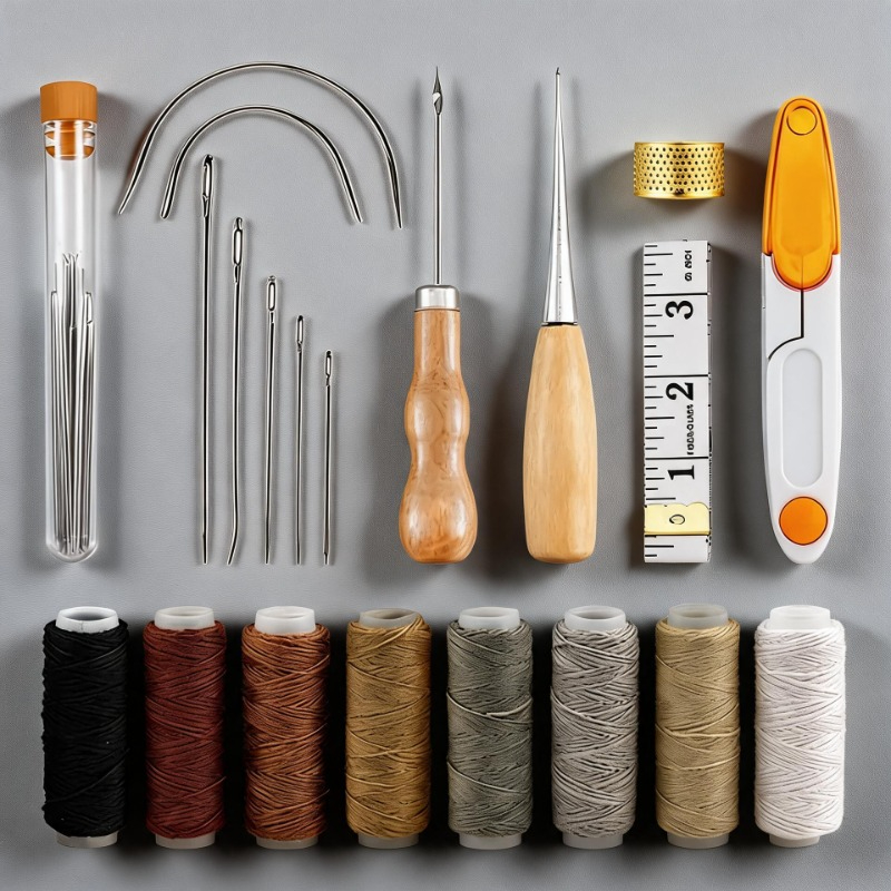 Beginner Leatherwork Kit - ชุดเครื่องมือทำงานหนังสำหรับงานเย็บและซ่อมแซม พร้อมด้ายเคลือบแว็กซ์ เครื่องมือเซาะร่อง และเหล็กแหลม สำหรับผู้เริ่มต้นและมืออาชีพ