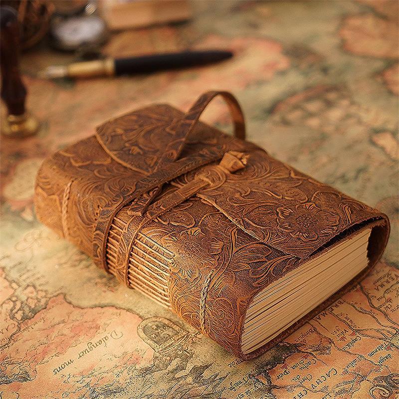 Leatherwork Books - สมุดบันทึกปกหนังงานทำมือสมุดบันทึกการเดินทางแบบหนาสมุดบันทึกการเดินทางแบบเชือกคราฟท์เปล่าสมุดร่างกลับไปยังโรงเรียนของขวัญ400หน้า